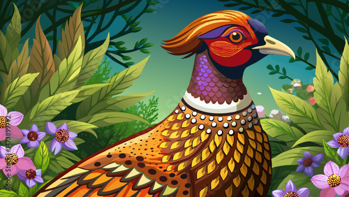 Portrait of the common pheasant also ring-necked pheasant in a garden.