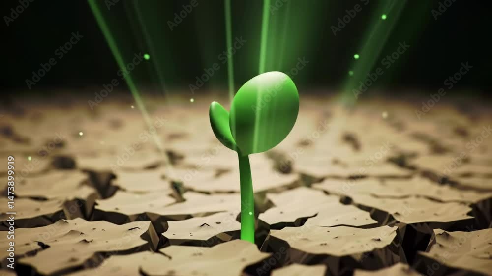 Green sprout emerges from cracked dry earth, bathed in light. Symbolizes hope for ecological renewal or new ventures. Life persists. 4k 60 fps Green sprout emerges from cracked dry earth, bathed in light. Symbolizes hope for ecological renewal or new ventures. Life persists. 4k 60 fps