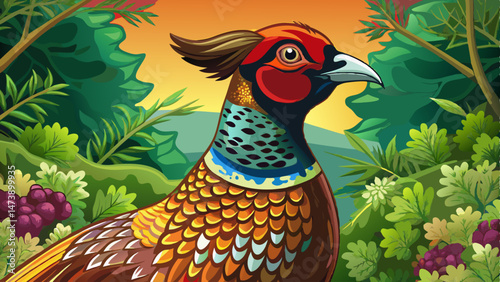 Portrait of the common pheasant also ring-necked pheasant in a garden.