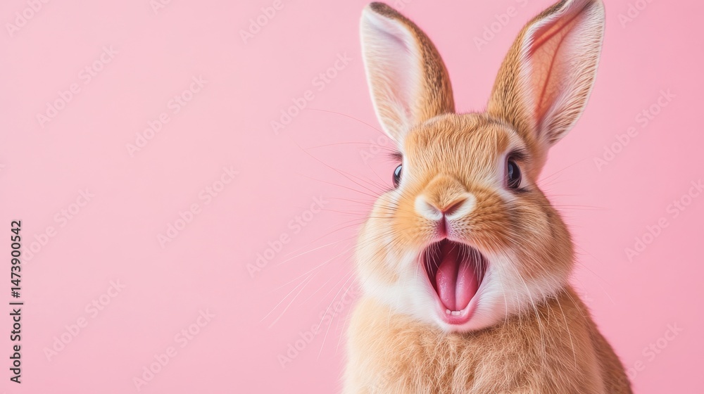 Obraz premium A rabbit standing in front of a pink background has its tongue out