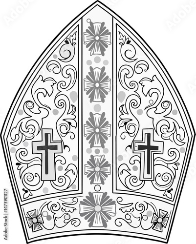 Intricate Bishop Mitre Line Art with Floral Ornament and Cross Symbols – Vector Illustration for Religious and Liturgical Design
