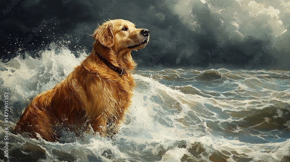 Golden retriever dog in stormy ocean waves dramatic painting art sea pet blue grey dark mood water Golden retriever dog in stormy ocean waves dramatic painting art sea pet blue grey dark mood water
