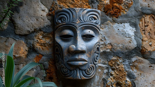 Maori ta moko facial mask wall decor, cultural holiday prop for solstice photo