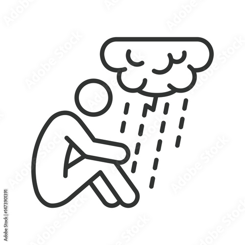 Depression, icon in line design. Depression, sadness, hopelessness, mental health, low mood, fatigue, emotional pain on white background vector. Depression, editable stroke icon