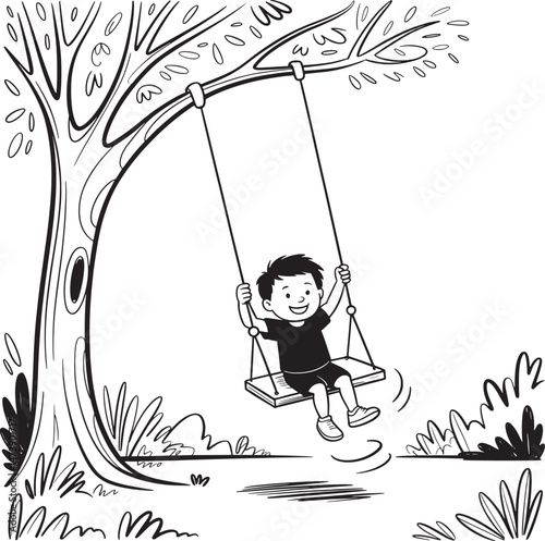 Happy boy swinging on a wooden swing set attached to a large tree branch