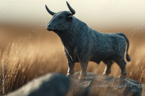 A  statuesque bull figure standing proud on a rocky outcrop.
