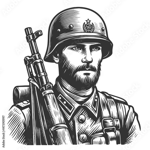 historical soldier holding a rifle, dressed in military uniform with a backpack sketch engraving generative ai fictional character vector illustration. Scratch board imitation. Black and white image.