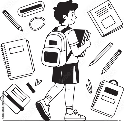 Happy schoolboy walking with backpack and books surrounded by school supplies in doodle style