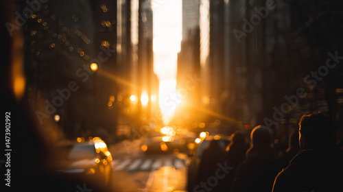 A interfering street in a metropolitan city with masses walk and cars get creating a vibrant city scene. photo