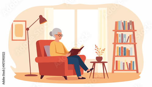 Elderly woman reading in cozy armchair at home, warmth and serenity