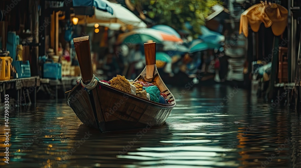 Obraz premium Wooden long-tail boat moored at the edge of a floating market canal