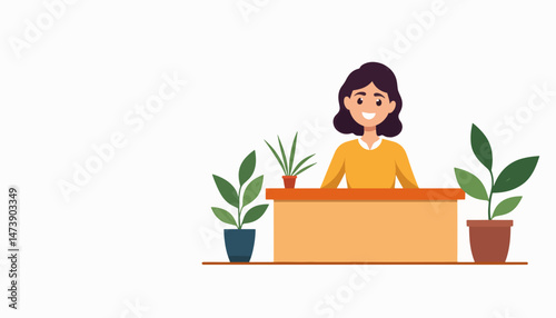 Smiling employee at reception desk in lobby, welcoming atmosphere
