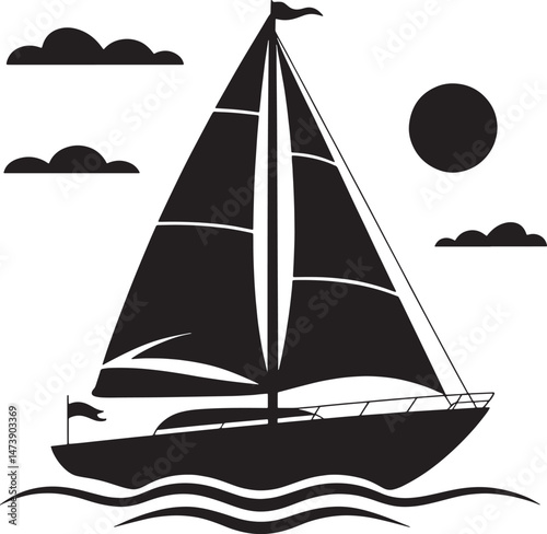 Silhouette sailboat floating on the ocean under the sun and a few clouds in simple design