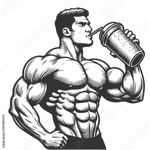 strong, muscular man drinking a protein shake, symbolizing fitness, nutrition, and bodybuilding dedication sketch engraving generative ai vector illustration. Scratch board. Black and white image.