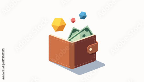 Geometric wallet with emerging currency shapes, minimalistic design