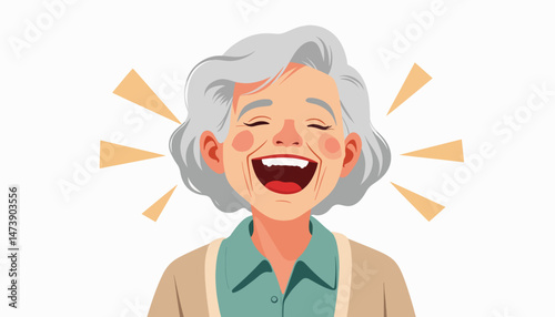 Elderly woman laughing joyfully with geometric sound waves, happiness