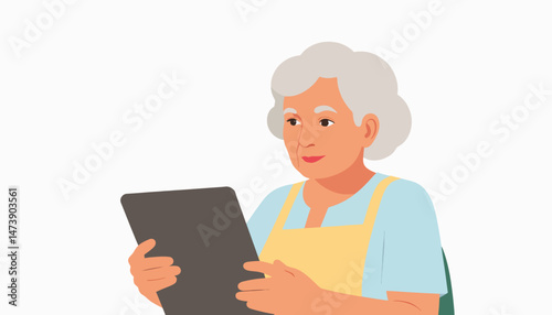 Elderly woman engaging with tablet on white background, technology learning