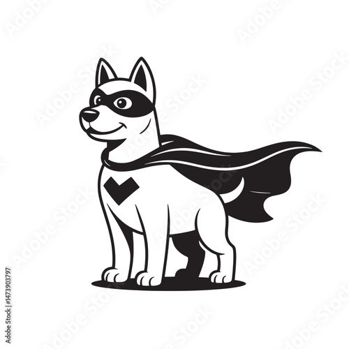 Super dog illustration in a superhero costume with a mask and a black cape smiling