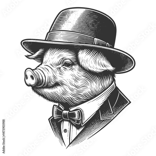 pig dressed in a formal suit, bow tie, and top hat with a confident expression sketch engraving generative ai vector illustration. Scratch board imitation. Black and white image.