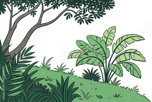 108 lush green foliage, tropical leaves, dense plant growth, vibrant greenery, botanical background, natural texture, verdant vegetation, abundant foliage, thriving nature, flourishing plants