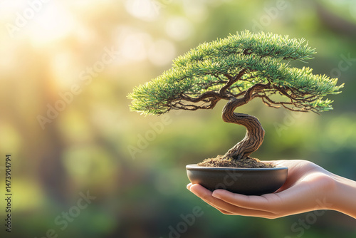 Gentle Hand Holding a Small Tree Against a Blurred Green Background with Warm Sunshine Glow