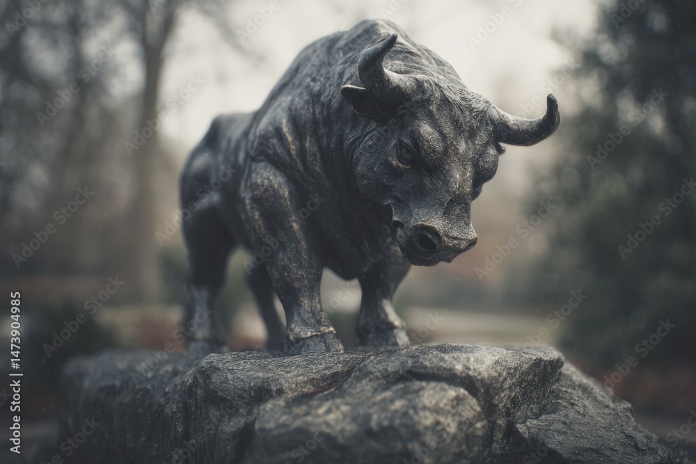 Fototapeta premium Dark metal bull statue atop a rocky outcrop.
