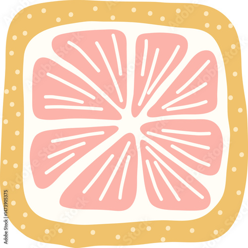 Artistic hand drawn illustration of square grapefruit. Vector drawing of citrus fruit slice with raw juicy pulp isolated on white background. Drawing of summer vitamin dessert for your printing.