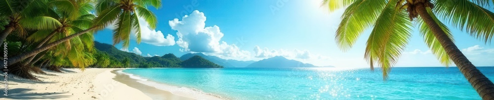 Sun-drenched beach, turquoise water, swaying palm trees, paradise, sun Sun-drenched beach, turquoise water, swaying palm trees, paradise, sun