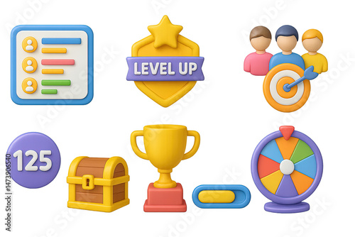 Game achievement 3d icons set – level up, trophy, progress tracker symbols