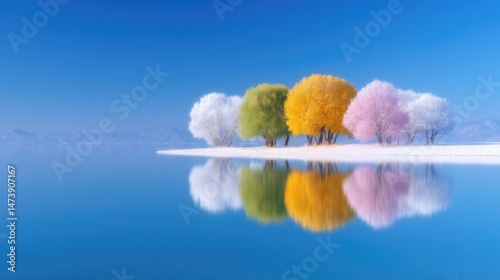 An island with colorful trees and a mirror reflection in calm water against a blue sky.