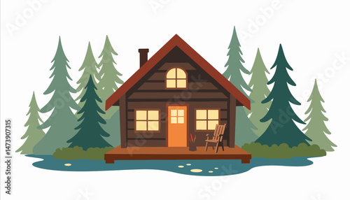 Cozy cabin surrounded by serene trees by the lake, digital detox