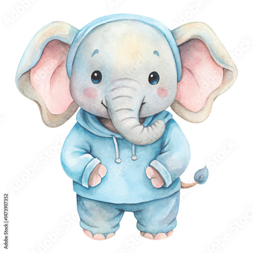 Cute elephant wearing hoodies Watercolor White Background 