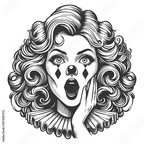 shocked female clown with expressive eyes, curly hair, theatrical makeup, evoking circus nostalgia sketch engraving generative ai vector illustration. Scratch board imitation. Black and white image.