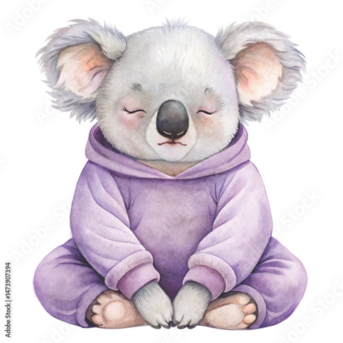 Cute Koala bear wearing hoodies Watercolor White Background 