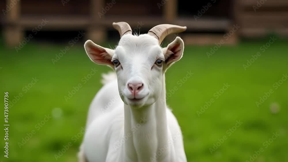 A cheeky white goat in a lush green pasture A cheeky white goat in a lush green pasture