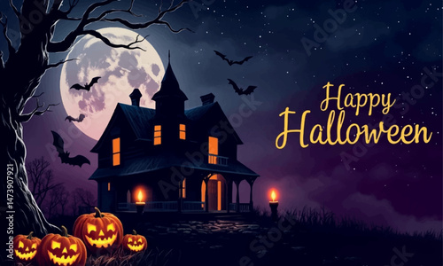 Halloween vector art with pumpkins, bats, haunted house, and spooky typography in dark, eerie colors—perfect for party invites and seasonal decoration.