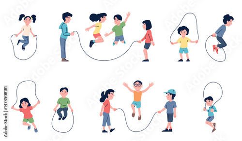 Children jump skipping rope. Outdoor kids activity, personal and play with friends. Aerobic workout, jumpers on jumping ropes, recent vector set