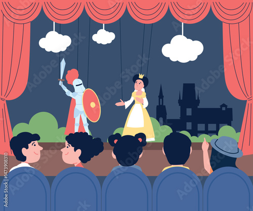 Puppet show for children. Kids watching theatrical production in theater, fairytale entertainment for young audience with marionettes, recent vector scene