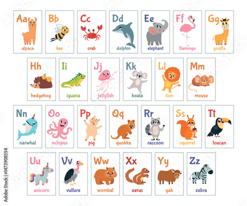 Children alphabet cards with animals. Educational preschool or kindergarten elements for teachild reading. Cute cartoon animal, classy vector set