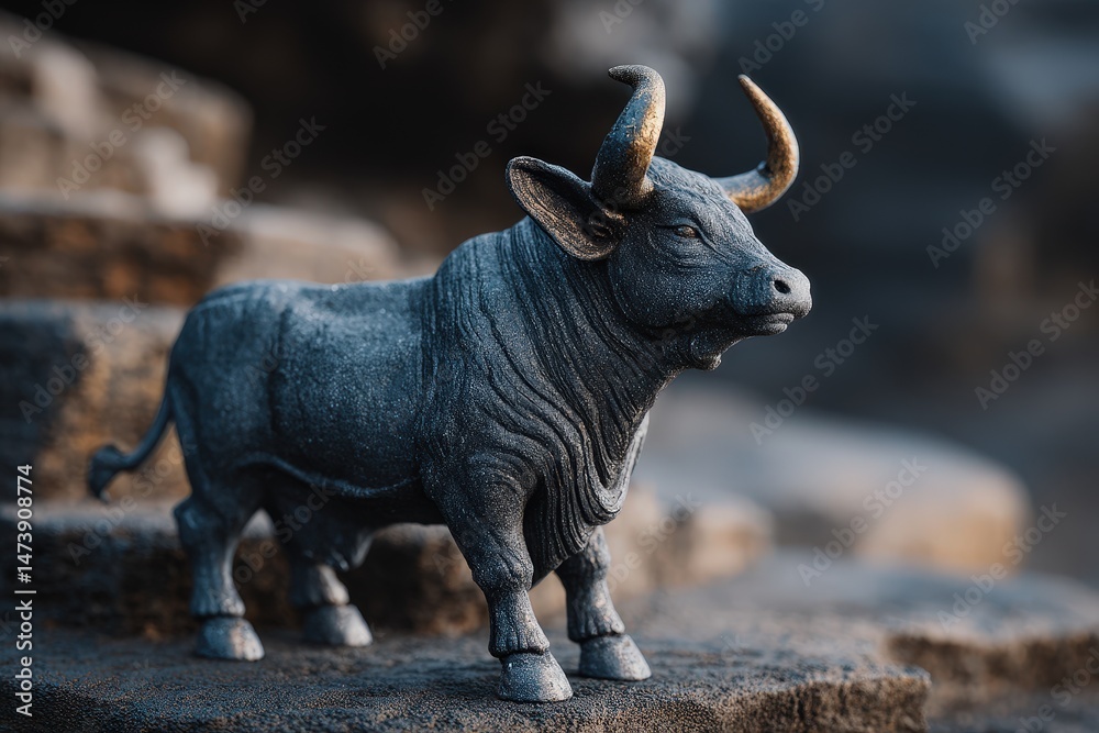Fototapeta premium Detailed image of a gray bull figurine on rocks.