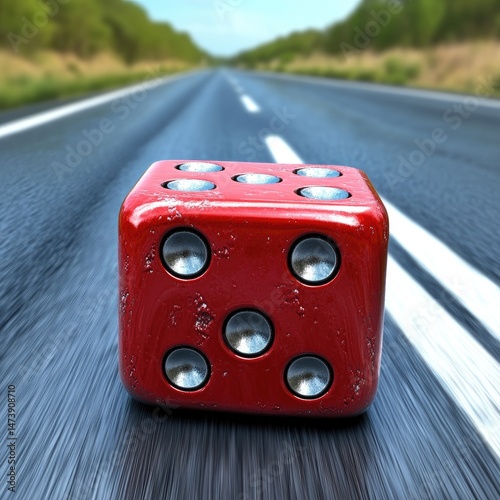 Red die on a highway.  A single, red die sits centrally on a highway, with blurred forest and sky in the background