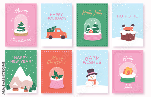Snow globe christmas cards. Winter holidays decorative postcards with xmas tree, snowman, snow glass globe, snowy landscape, racy vector templates