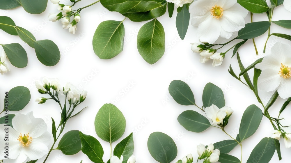 Fototapeta premium Seamless design with elegant greenery and wax flower accents, white background texture