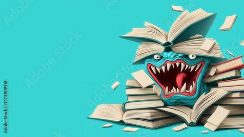 Pile of unread books morphing into a monster, knowledge burden concept