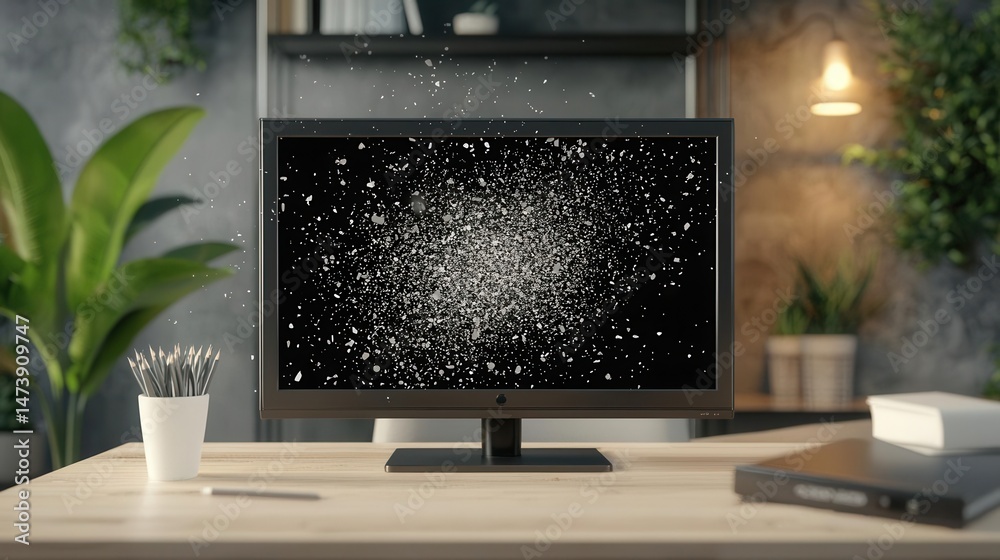 Fototapeta premium Static TV screen in office setting, mental burnout visualization