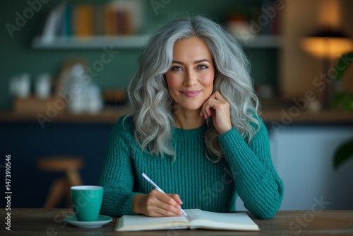Mature woman with long gray hair, wearing a cozy green sweater, is sitting at a wooden table, writing in a notebook, with a cup of coffee nearby, showcasing a creative and thoughtful atmosphere
