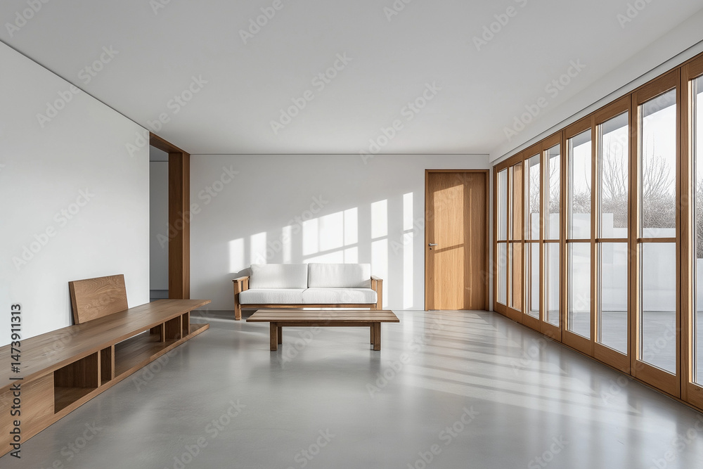 Obraz premium A large white wall in the living room of an apartment with wooden furniture