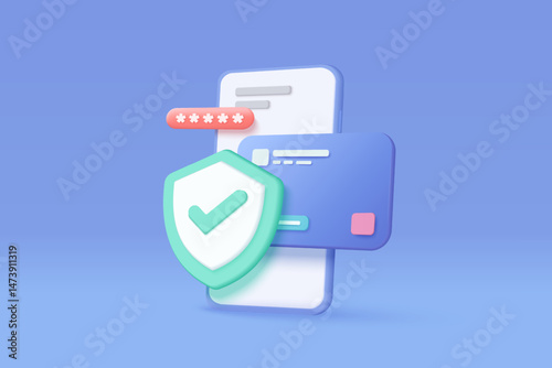 3D credit card money financial security for online shopping, online payment with payment protection. shopping with mobile phone password security. 3d finance vector icon render illustration