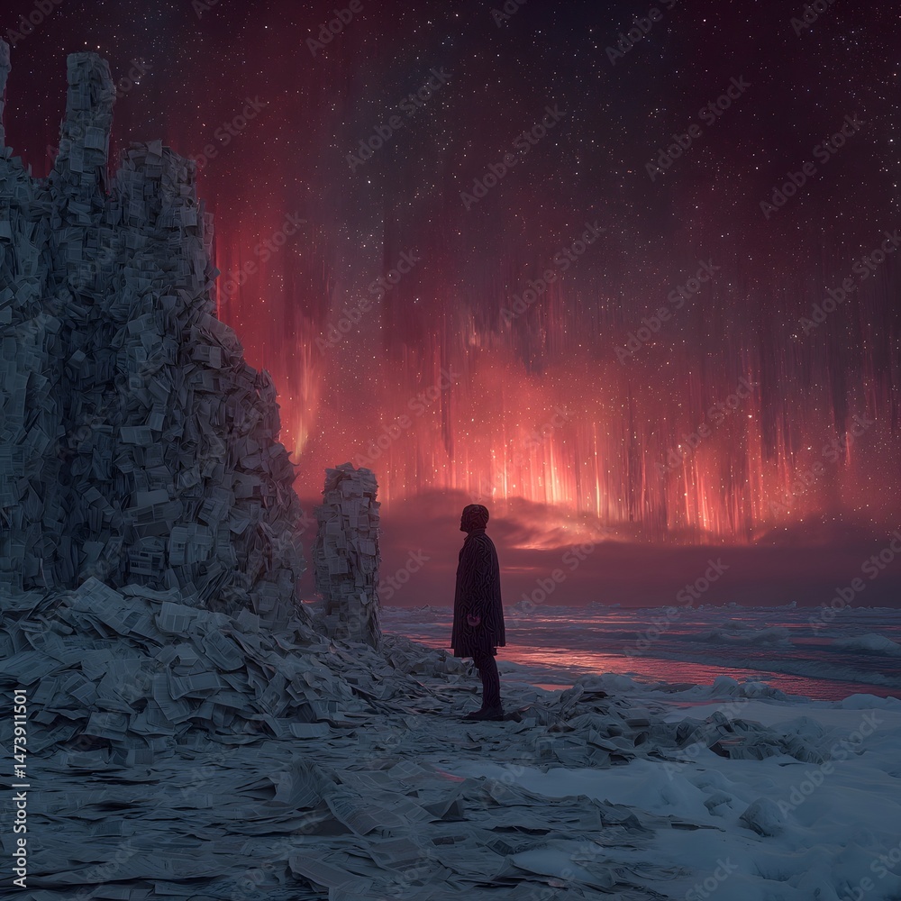 Fototapeta premium Solitary figure under the Auroras in a frozen, otherworldly landscape