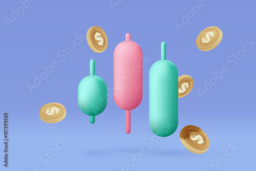 3D stock trading graph in market on background. Sell and buy money cash and exchange with finance business concept, earning investment. 3d bank trading vector icon for investment render illustration